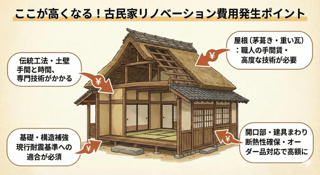古民家の断面イラストを用いて、リノベーション費用が高くなりやすい箇所（屋根、伝統工法・土壁、基礎・構造補強、開口部・建具）とその理由を図解したインフォグラフィック。職人の手間賃や耐震基準適合などがコスト増の要因であることを示す。