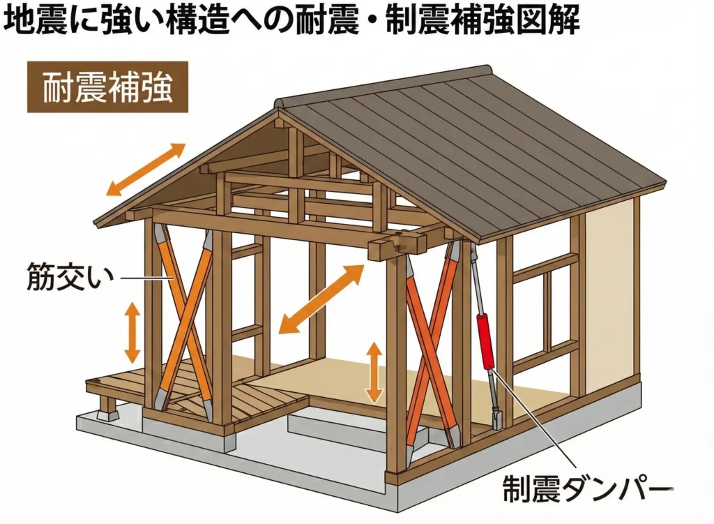 築50年の木造住宅における耐震補強工事（筋交い・金物）の図解イラスト