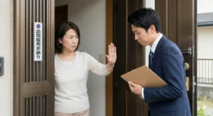 玄関先で突然訪問してきた販売業者の男性に対し、女性が毅然とした態度で「ストップ」の手振りをして断っている様子。ドアには「訪問販売お断り」のステッカーが貼られている。