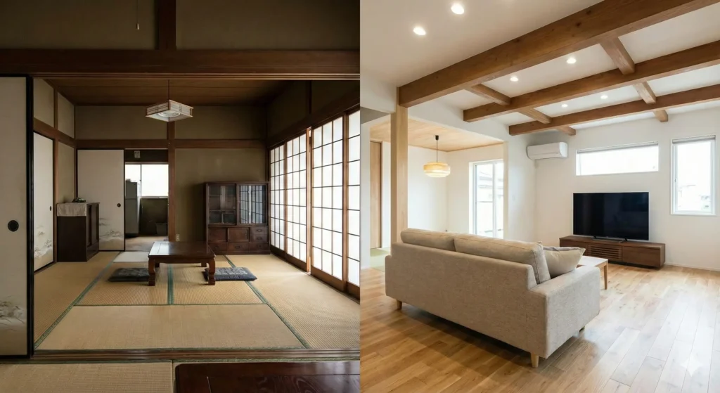 古い和室からモダンなリビングへのリフォームビフォーアフター事例写真。左は改修前の畳の部屋、右は梁を活かした洋室リビング後の様子。