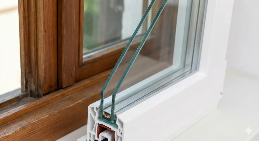 断熱性能を向上させる複層ガラス（ペアガラス）と樹脂サッシの断面構造写真。2枚のガラスの間に空気層があることが分かる。