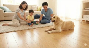 新しいフローリングの上でくつろぐ家族とペット