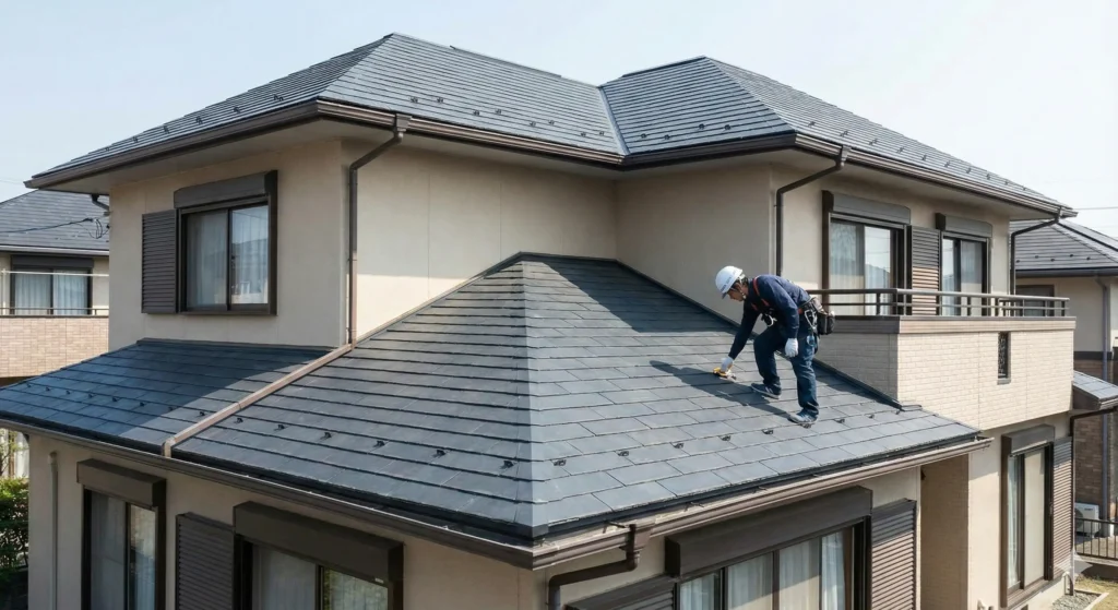 ヘルメットと安全帯を着用した専門の作業員が、スレート屋根の上で点検作業を行っている様子。適切にメンテナンスされている屋根の事例。
