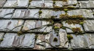 深刻な劣化が進んだスレート屋根の拡大写真。瓦がひび割れて欠損し、厚い苔や藻が全体を覆っており、メンテナンス不足の状態を示している。