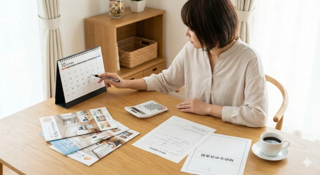 カレンダーを見ながら窓リフォームの時期を検討し、補助金申請書類やパンフレットを確認している女性の様子。