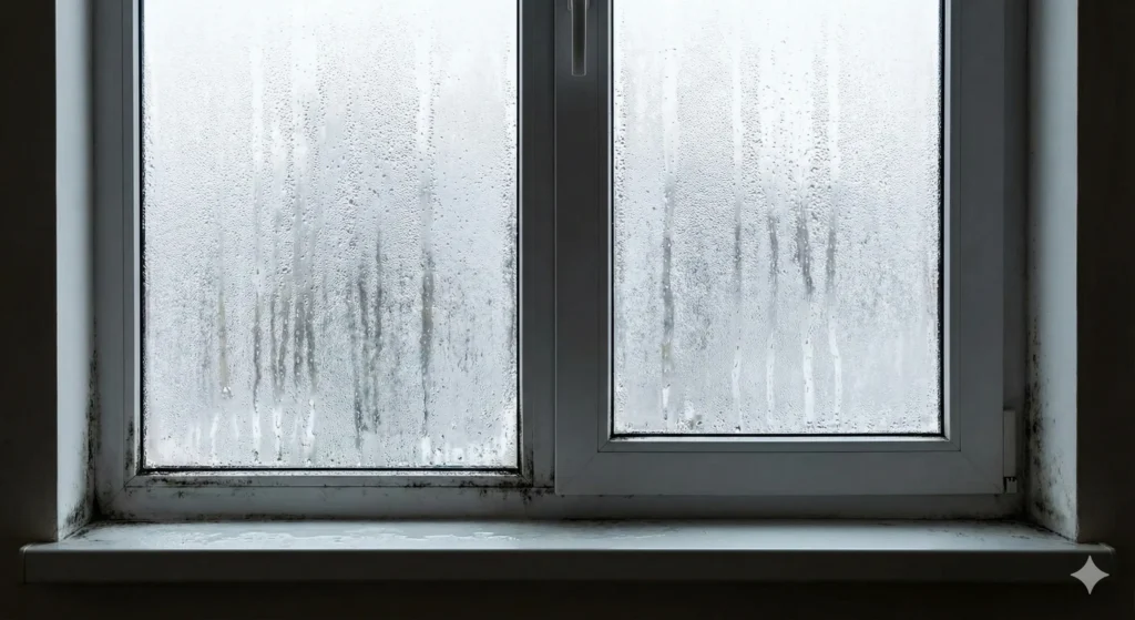 窓ガラス全面に発生したひどい結露と、窓枠やサッシ周辺に生えた黒カビの様子。
