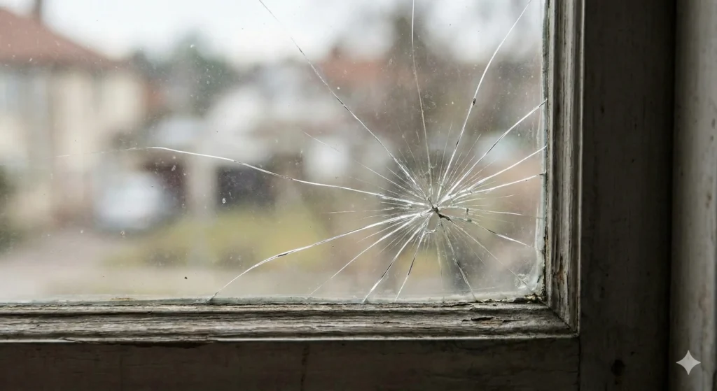 古い窓ガラスに生じた大きなクモの巣状のひび割れのクローズアップ写真。