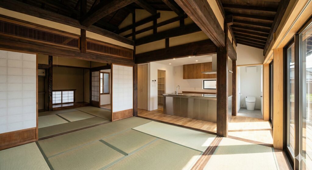 築80年の古民家リノベーション内観。歴史を感じる太い既存の梁や柱と、新調された畳の和室、奥には最新のステンレスキッチンと現代的なトイレが見える。新旧が融合した開放的なLDK空間。
