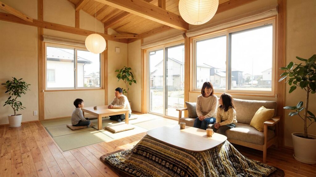 省エネリフォーム後の快適な日本の住宅リビング - 明るい自然光が差し込む暖かい空間で家族がくつろぐエコな暮らしのイメージ