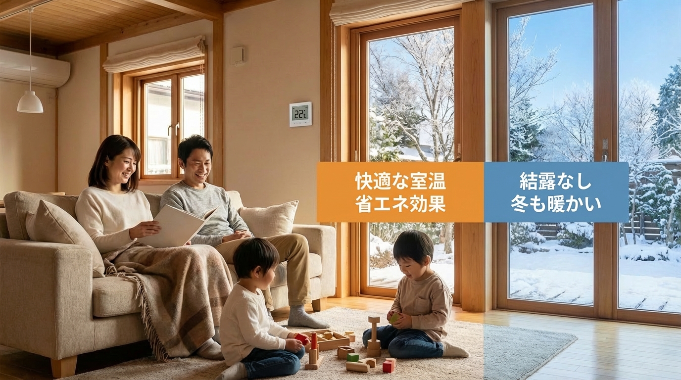 断熱窓で快適に過ごす日本の家族 結露なし 省エネ効果で冬も暖かいリビング