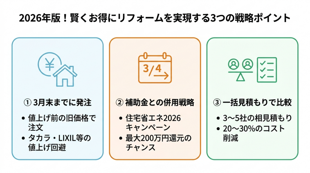 2026年版リフォームを安く実現する3つの戦略ポイント｜3月末までの発注・補助金併用・一括見積もり比較