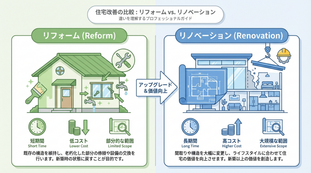 リフォームとリノベーションの違い比較図。リフォームは新築時の状態に復元する工事、リノベーションは新たな価値を生み出す改修工事として対比