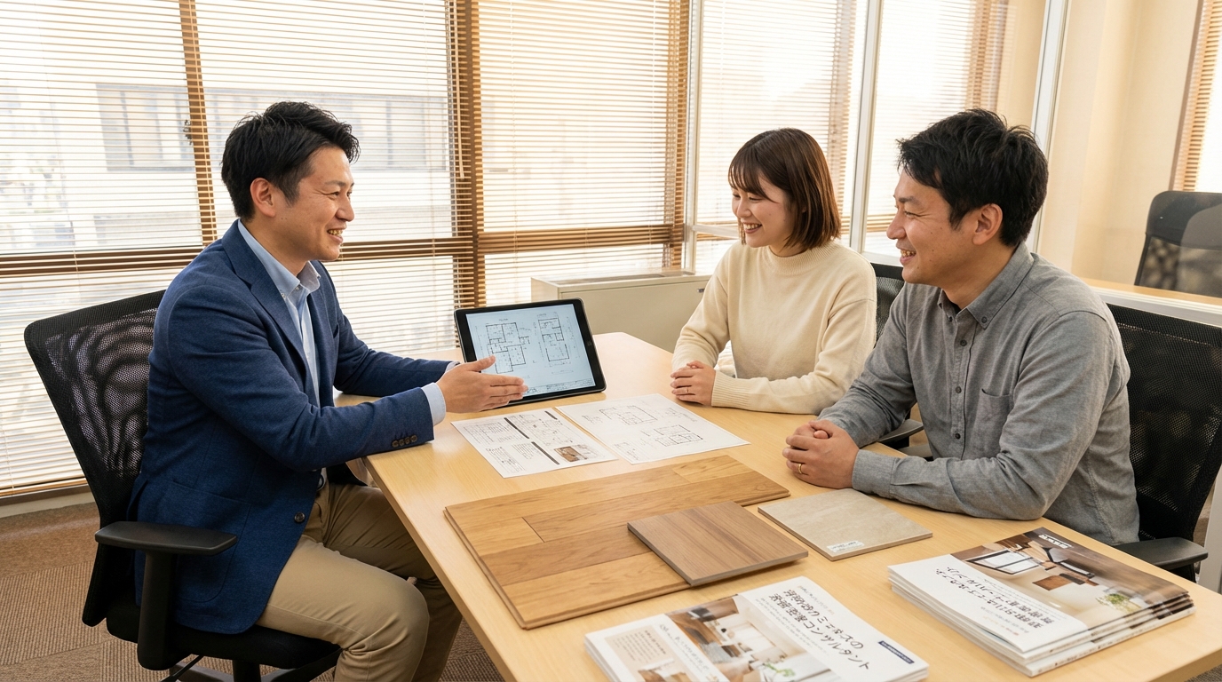 窓リフォーム業者との相談風景 補助金申請サポート 見積もり提案 専門家アドバイス