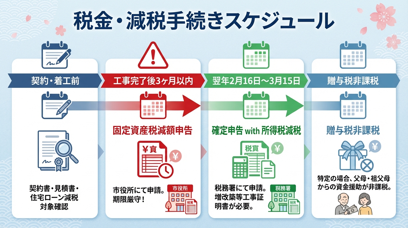 窓リフォーム減税手続きスケジュール 固定資産税減額 所得税控除 確定申告のタイムライン