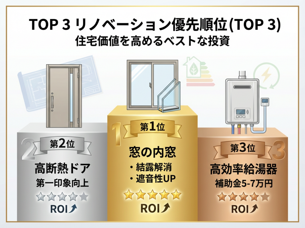 2026年度に優先すべき賃貸リフォーム部位TOP3を表彰台形式で示した図。第1位は窓の内窓（結露解消・遮音性UP）、第2位は高断熱ドア（第一印象向上）、第3位は高効率給湯器（補助金5-7万円）とROI評価を星マークで表示