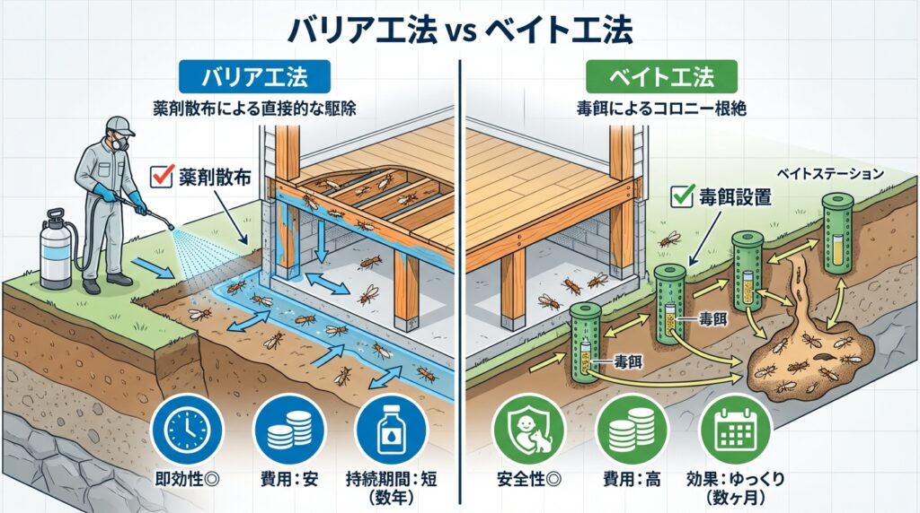 シロアリ駆除のベイト工法とバリア工法、それぞれのメリット・デメリット
