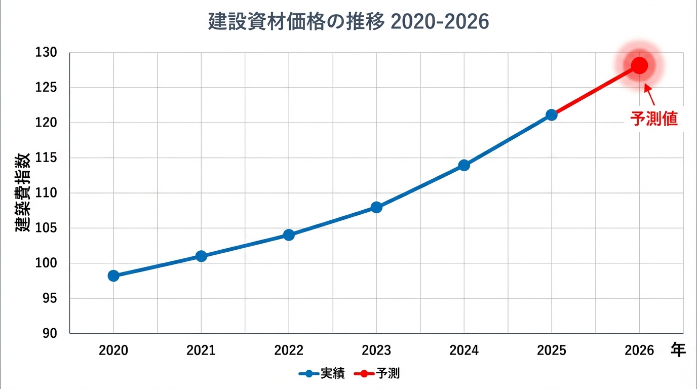 建設資材価格推移グラフ 2020年から2026年までの建築費指数トレンド インフレ影響で2024年以降急上昇を示す折れ線チャート