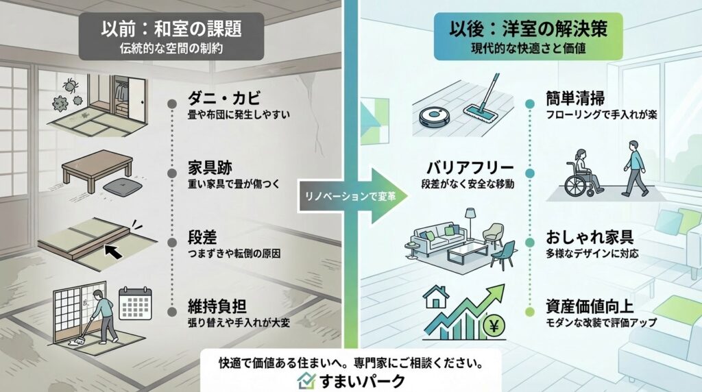 和室の悩みと洋室のメリットを比較した図解、ダニ・カビ対策や掃除のしやすさなどを視覚化
