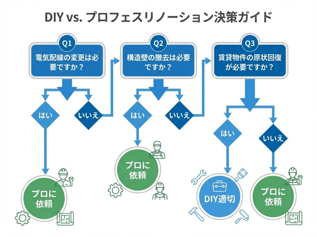 DIYとプロ依頼を判断するフローチャート、電気工事や構造変更の有無で適切な選択を導く診断図