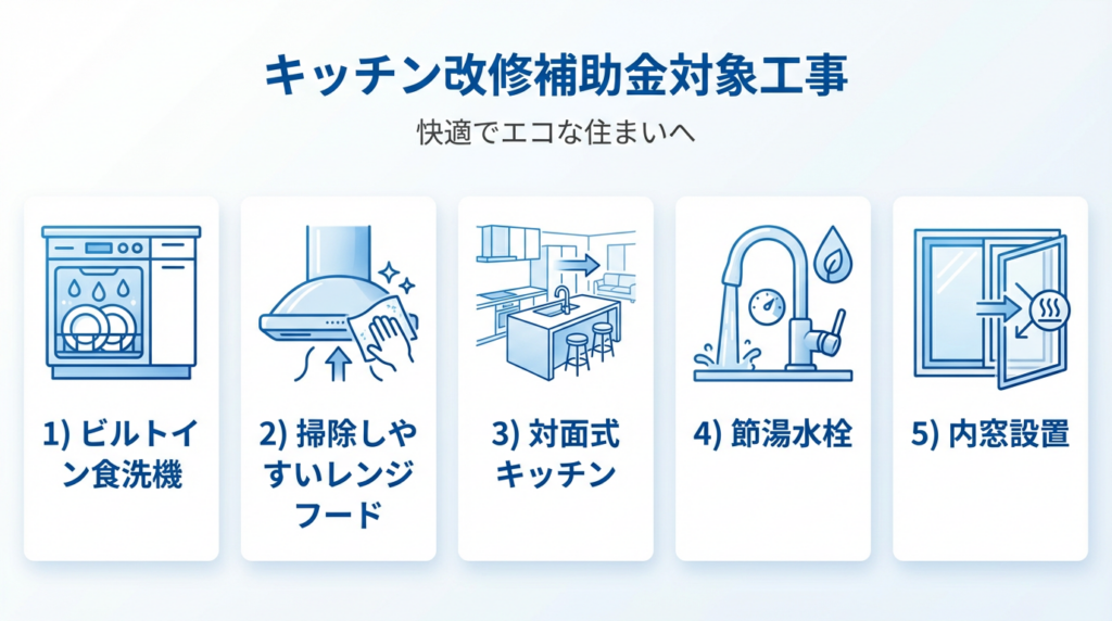 キッチンリフォーム補助金対象工事の種類 - ビルトイン食洗機、レンジフード、対面式キッチン、節湯水栓、内窓設置の5つをアイコンで図解