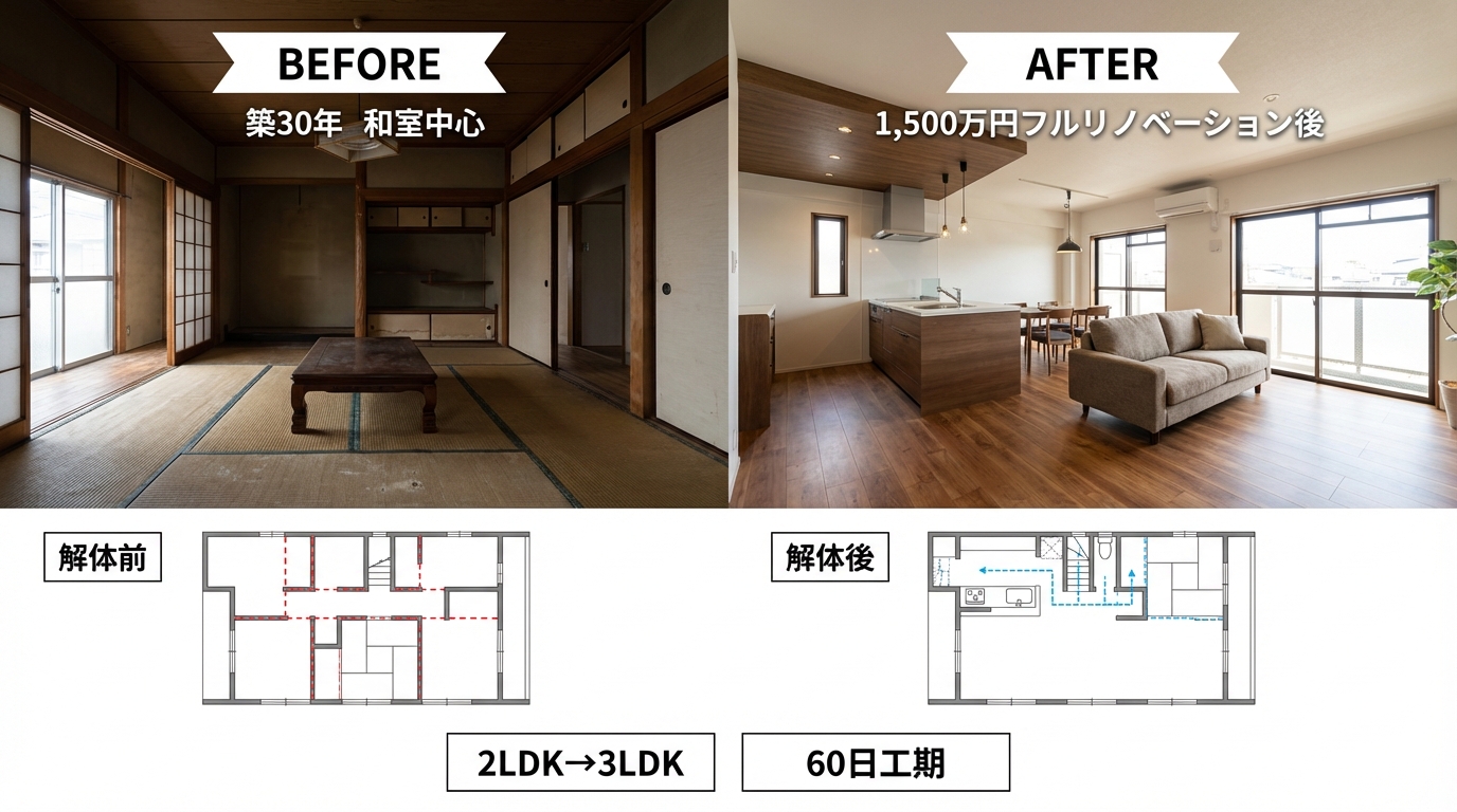 築30年マンションリノベーション事例 1500万円フルリノベーション ビフォーアフター比較写真と間取り図 和室から3LDK開放的空間へ変更