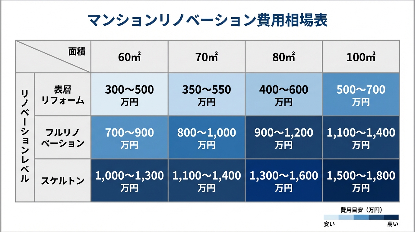 マンションリノベーション費用相場マトリクス表 60㎡70㎡80㎡100㎡の広さ別×表層フルスケルトンのレベル別価格比較 2026年版