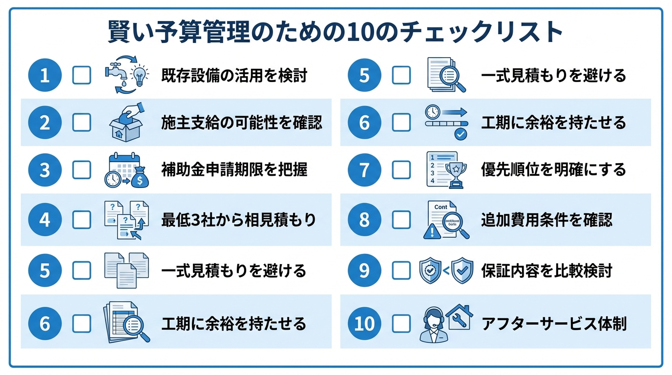 リノベーション費用を抑える10項目チェックリスト 相見積もり・補助金申請期限・一式見積回避など賢い予算管理術を図解