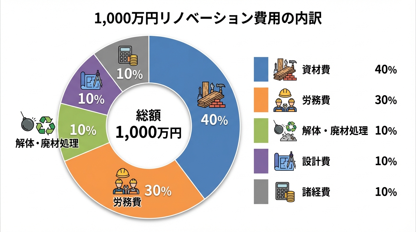 1000万円リノベーション費用内訳ドーナツグラフ 資材費40%労務費30%解体廃材処理10%設計費10%諸経費10% 見積もり透明性を可視化