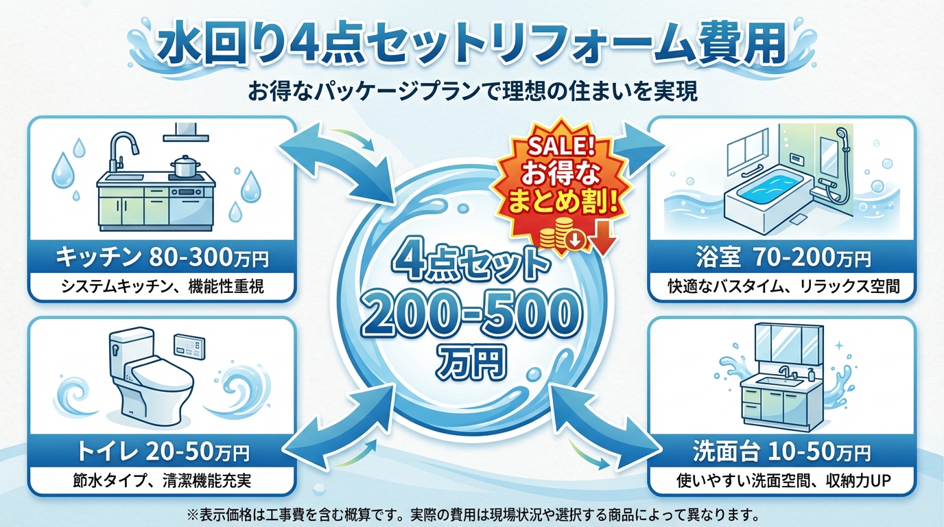 水回り4点セットリフォーム費用 キッチン80-300万円・浴室70-200万円・トイレ20-50万円・洗面台10-50万円 セット割で200-500万円総額目安