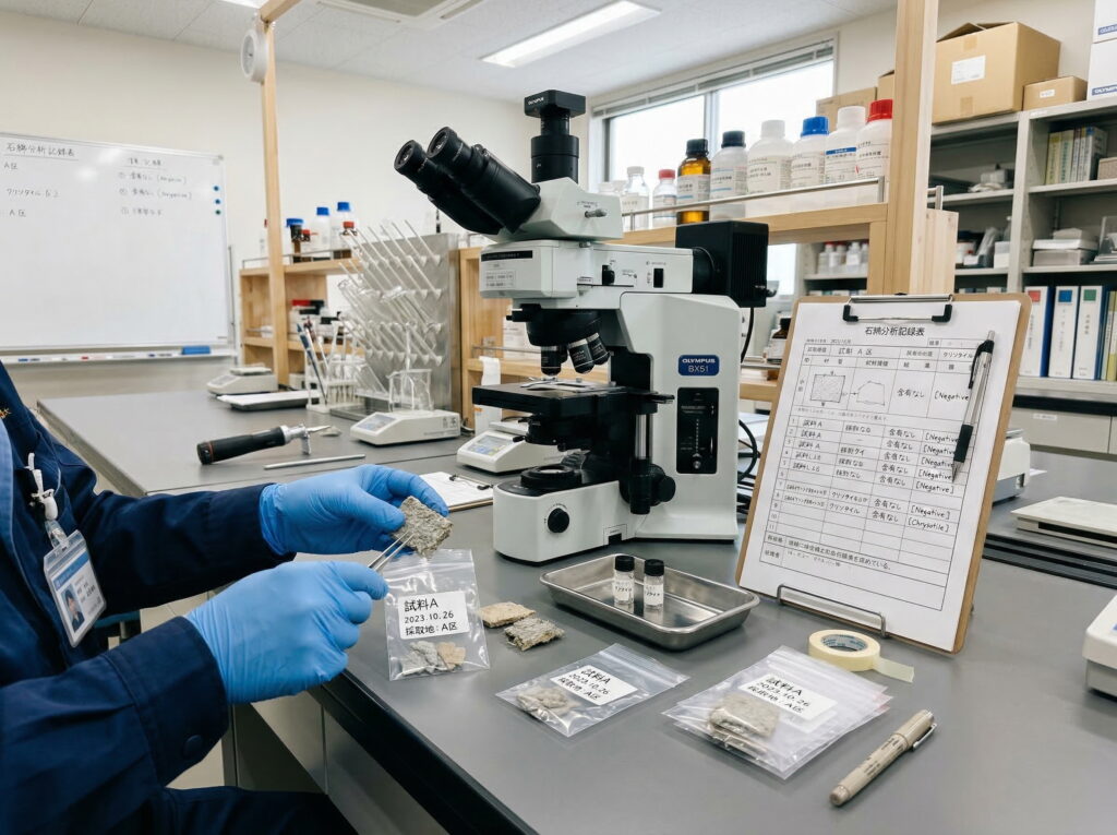 日本の分析現場をイメージし、白手袋で建材サンプルを扱いながら顕微鏡と検体袋で確認する様子を表現した画像
