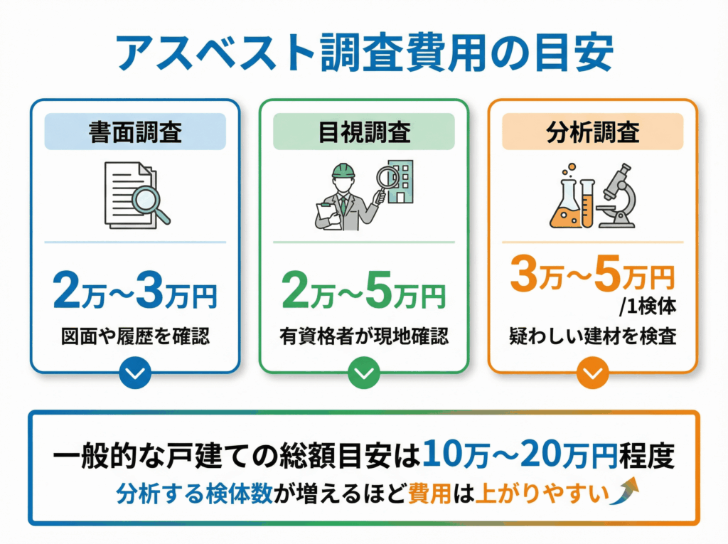 アスベスト調査費用の目安として、書面調査・目視調査・分析調査の相場と総額目安を比較したインフォグラフィック