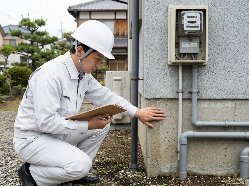 住宅診断士が住宅の基礎部分を点検しているシーン