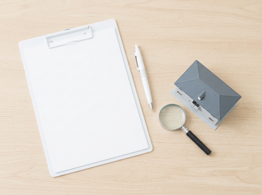 住宅模型とルーペとクリップボードが置かれた住宅診断のイメージ