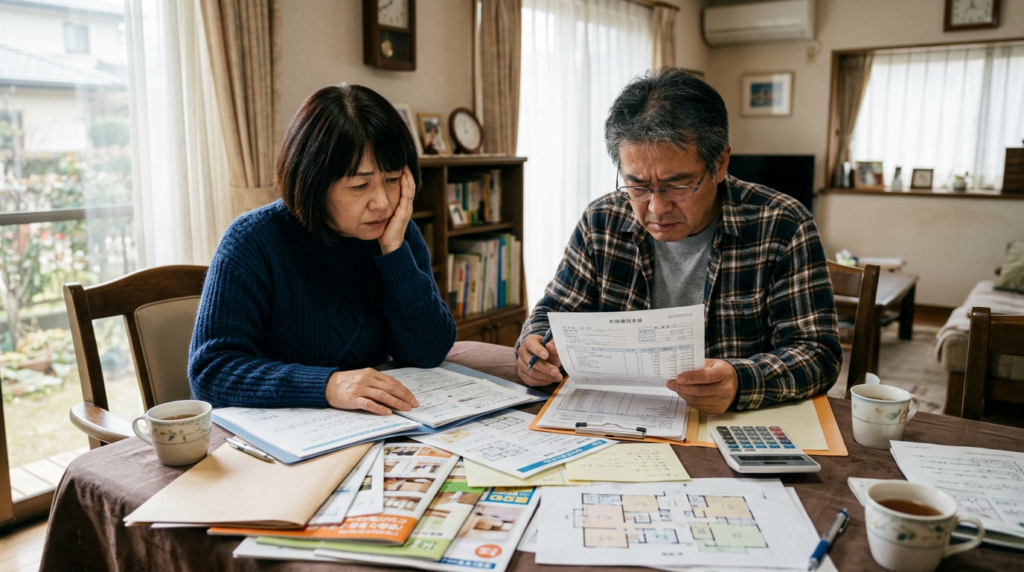 リフォーム業者選びに悩む施主夫婦が見積書を前に困っているシーン