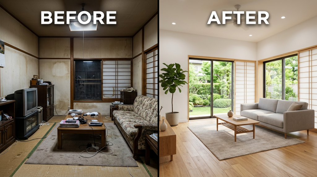 リフォーム前後の比較写真。左がリフォーム前の古いリビング、右がリフォーム後の明るくモダンなリビング
