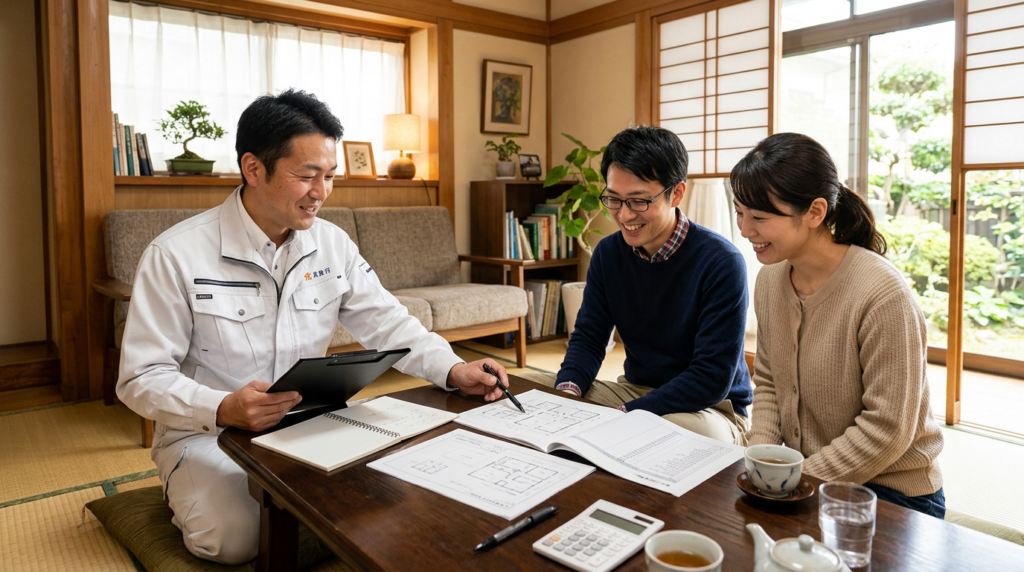 リフォーム業者が施主夫婦に書類を説明している打ち合わせシーン