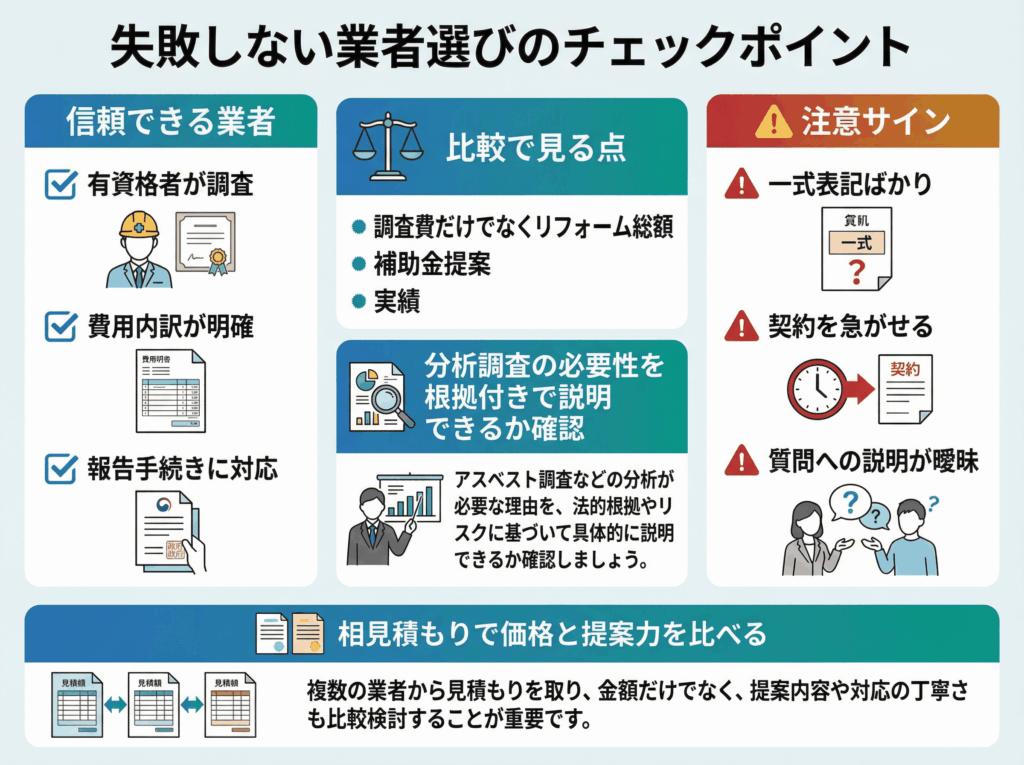 アスベスト調査を含むリフォーム見積もりで失敗しないために、信頼できる業者の特徴と注意すべきサインを整理したインフォグラフィック