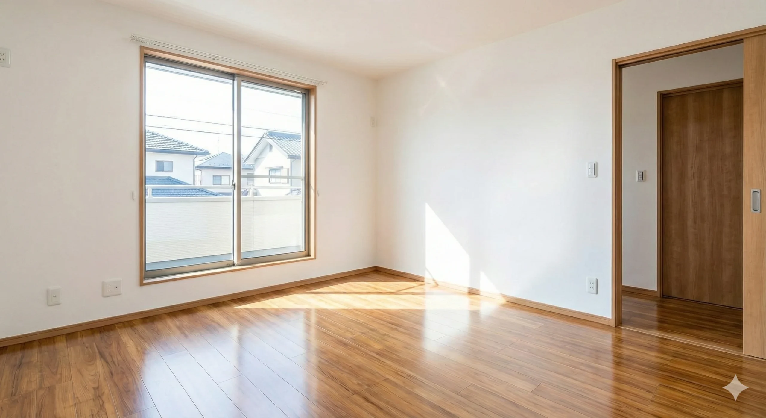 日差しが差し込む明るいリビングと美しい木目のフローリング