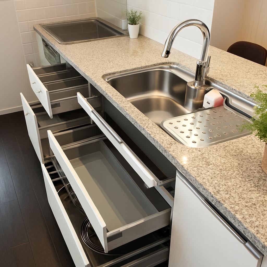 Open drawers under a granite kitchen countertop showcasing modern storage layout