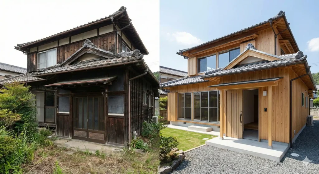 古い日本家屋の外観リフォームビフォーアフター写真。左側は古びた改修前の様子、右側はきれいにリノベーションされた後の様子。