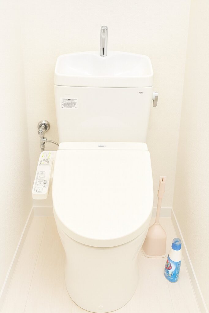 明るく清潔感のある最新型トイレ。壁紙と床材も新品に交換され、洗練された空間が広がる。