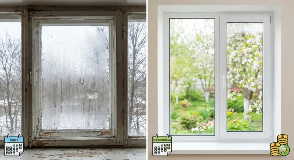 古い窓と新しい窓のビフォーアフター比較。左は結露した古い木製窓と冬の景色、右は新しい白い樹脂サッシ窓と春の庭の景色。