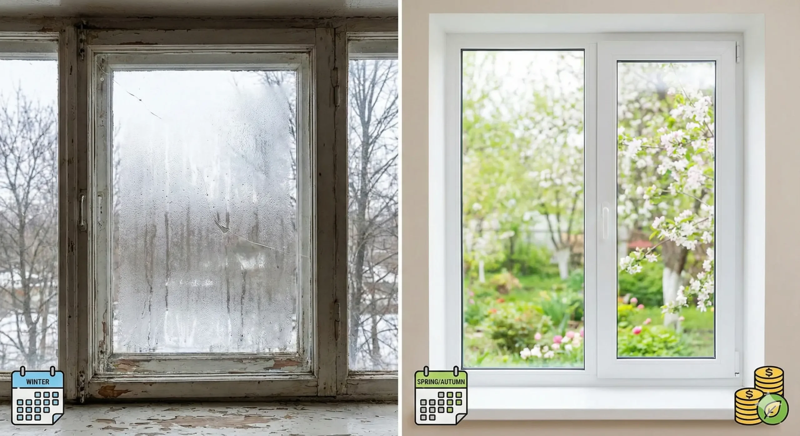 古い窓と新しい窓のビフォーアフター比較。左は結露した古い木製窓と冬の景色、右は新しい白い樹脂サッシ窓と春の庭の景色。