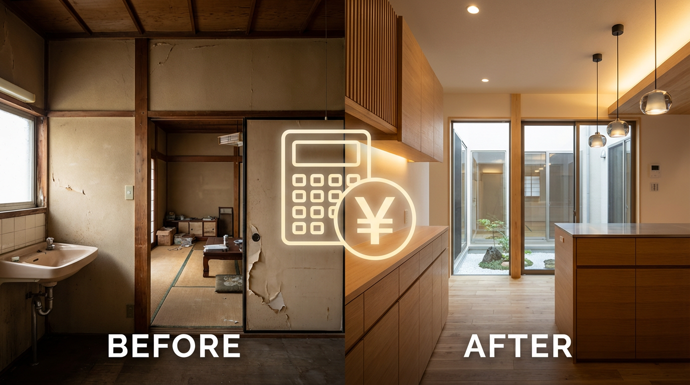 フルリフォームのビフォーアフター比較。左側は老朽化した古い内装、右側は明るく清潔感のある新しい内装に生まれ変わった様子