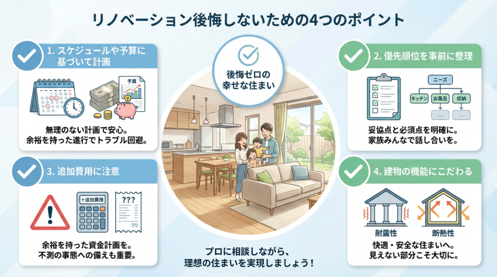 フルリフォームで後悔しない4つのポイント。スケジュールや予算に基づいて計画、優先順位を事前に整理、追加費用に注意、建物の機能にこだわることをチェックリストで提示