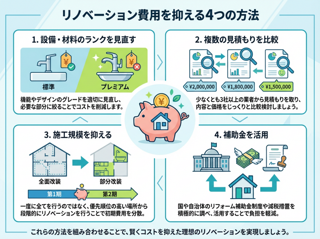フルリフォームの費用を抑える4つの方法。設備・材料のランクを見直す、複数の見積もりを比較検討する、施工規模を抑える、補助金を活用するの4つのポイントを図解