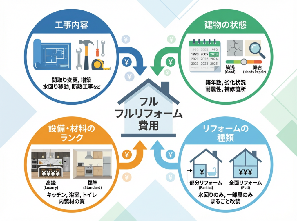 フルリフォーム費用の変動要因を示す図解。中央にフルリフォーム費用、周囲に4つの要因（工事内容、建物の状態、リフォームの種類、設備・材料のランク）を配置し相互関係を表示