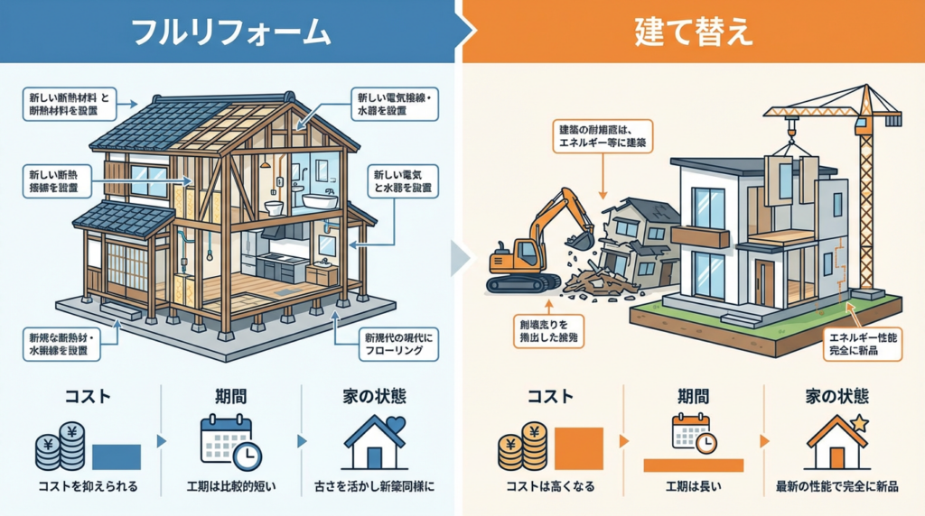 フルリフォームと建て替えの違いを比較。左側はフルリフォーム（既存構造を活かす・費用抑制・工期短縮）、右側は建て替え（完全新築・高額・長期工事）を図解