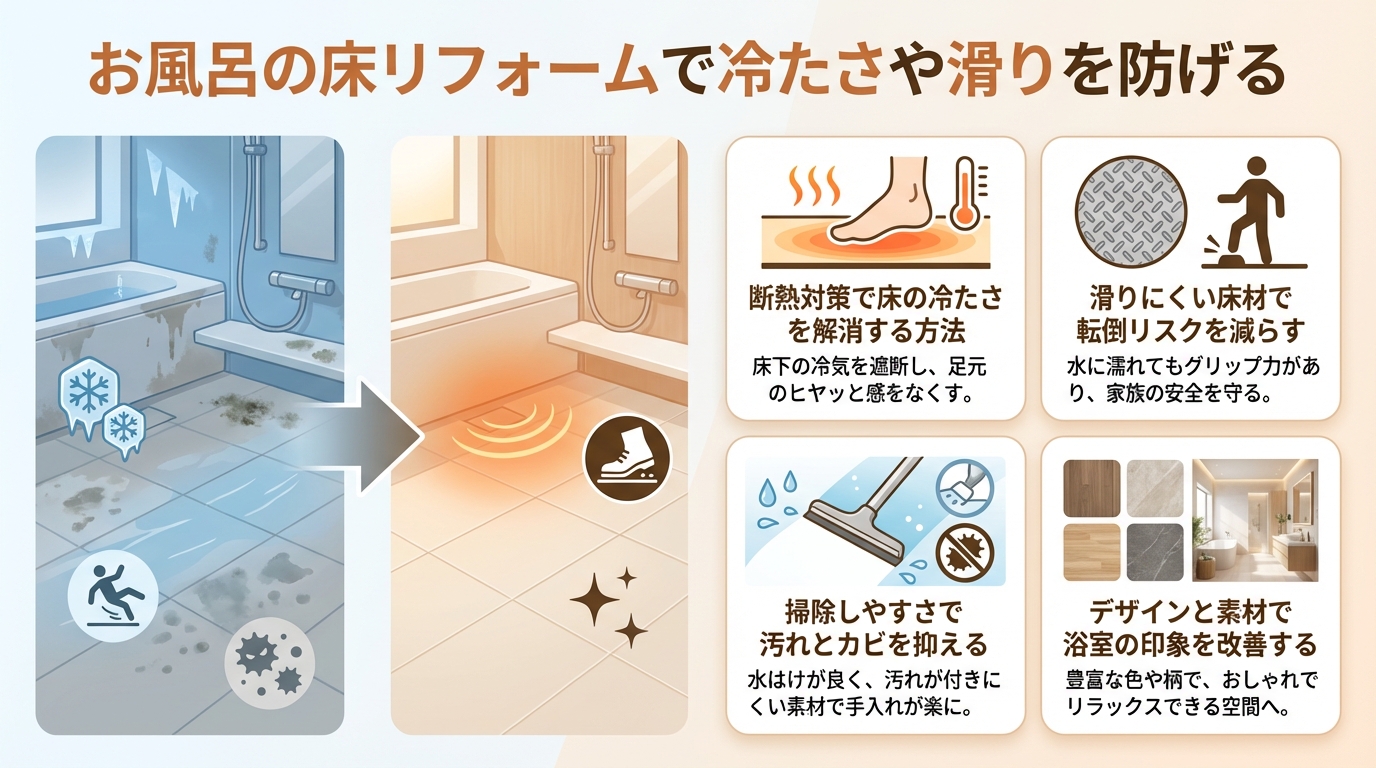 お風呂の床リフォームで冷たさや滑りを防げる