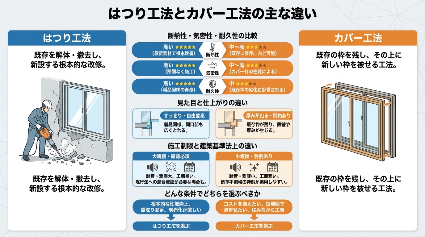 はつり工法とカバー工法の主な違い